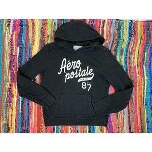 Aeropostale Womens L Black Hoodie Pullover Sweatshirt Graphic Print New York 87